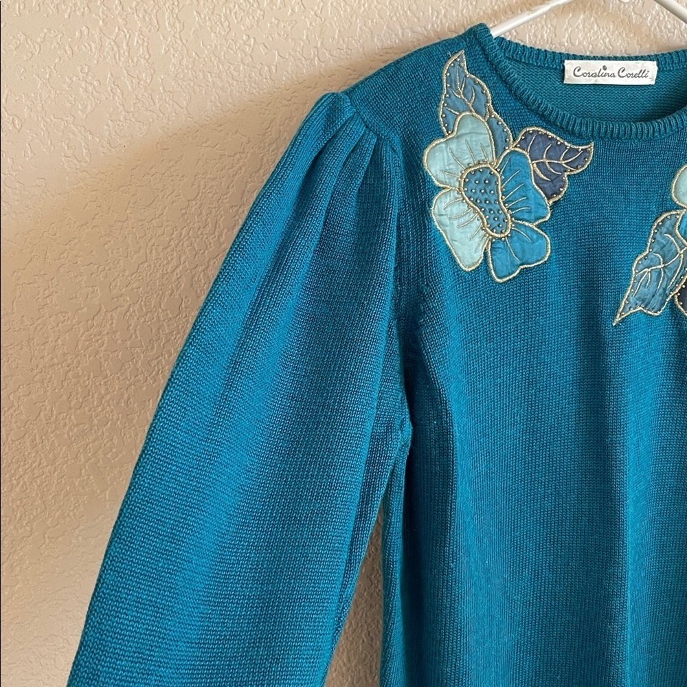 Teal Sweater with Floral Embroidery - Picture 2 of 6
